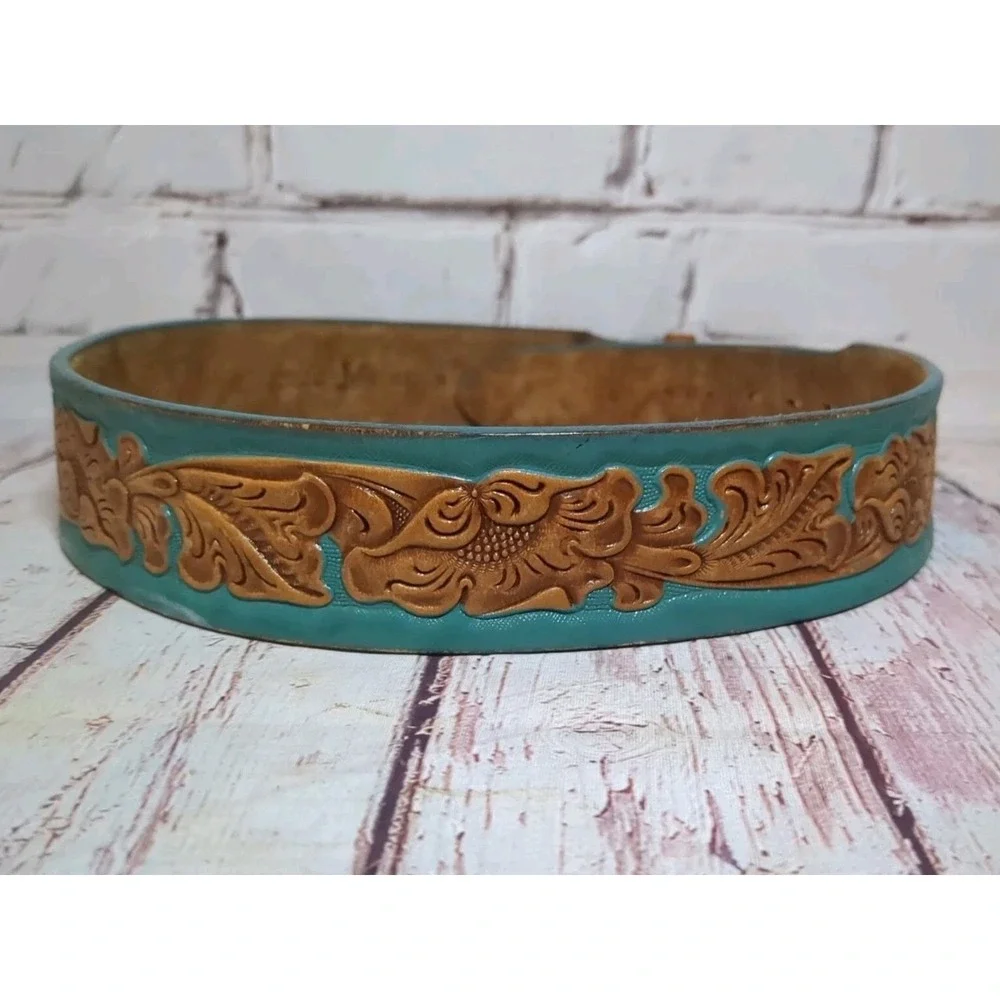 Youth Justin Western Turquoise & Brown Tooled Leather‎ Rodeo Cowboy Belt Sz M 32